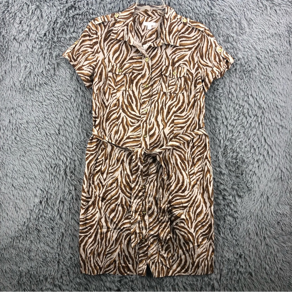 Charter Club Dress Womens Size 16 Khaki Animal Print Button Down Tie